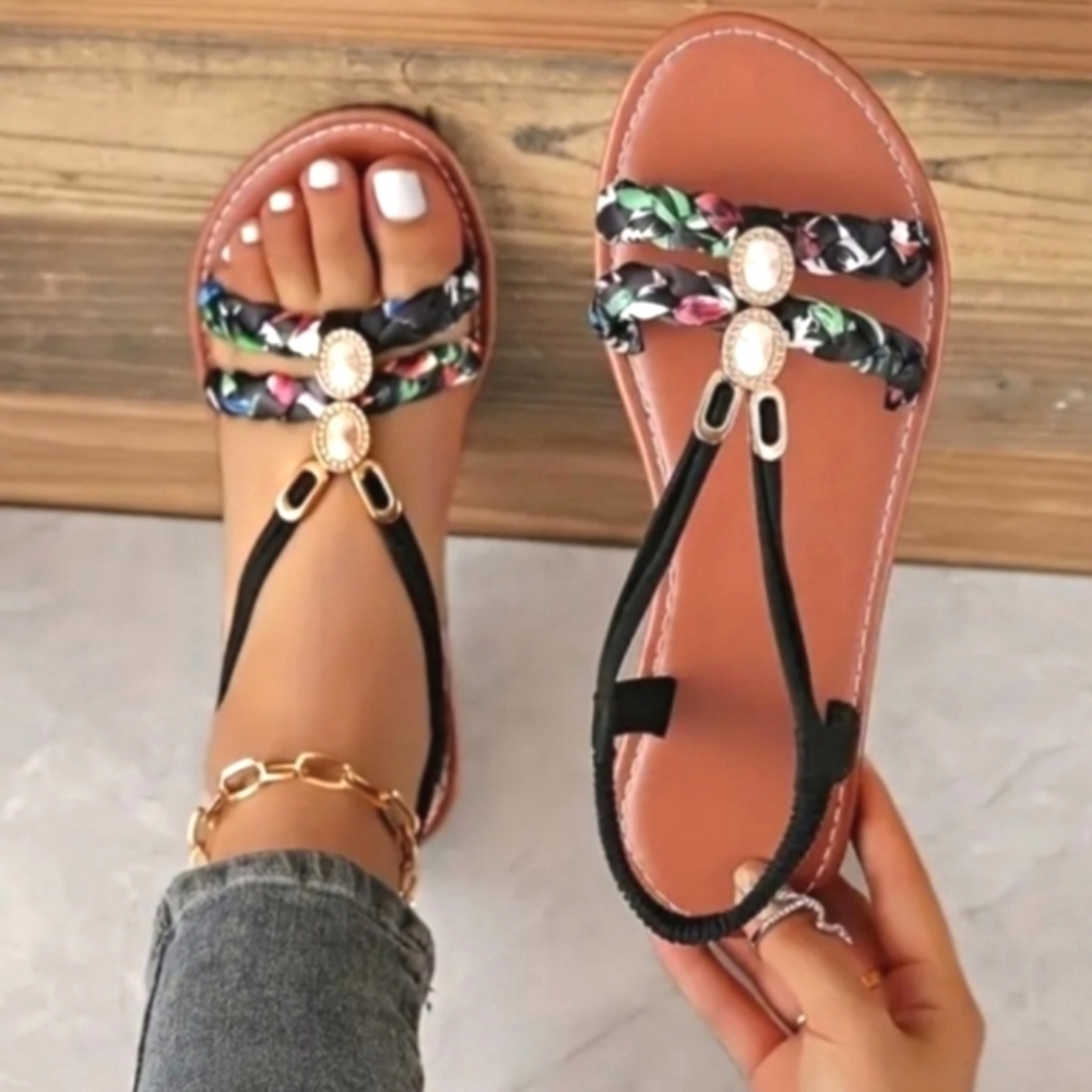 Ladies Floral Black Sandals Sz 9